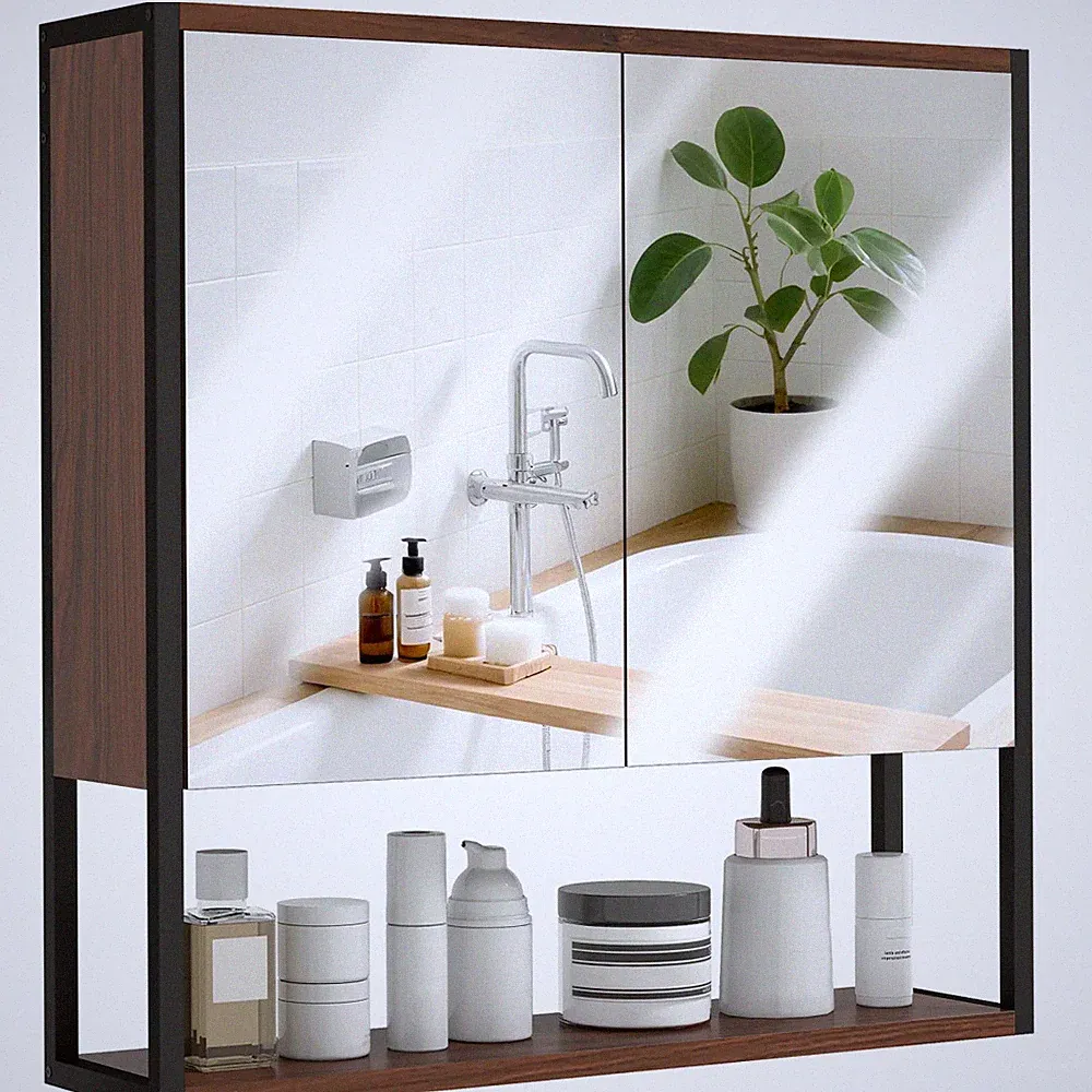 HOMCOM Industrial Badschrank mit 2 Spiegeltüren offenes Regal