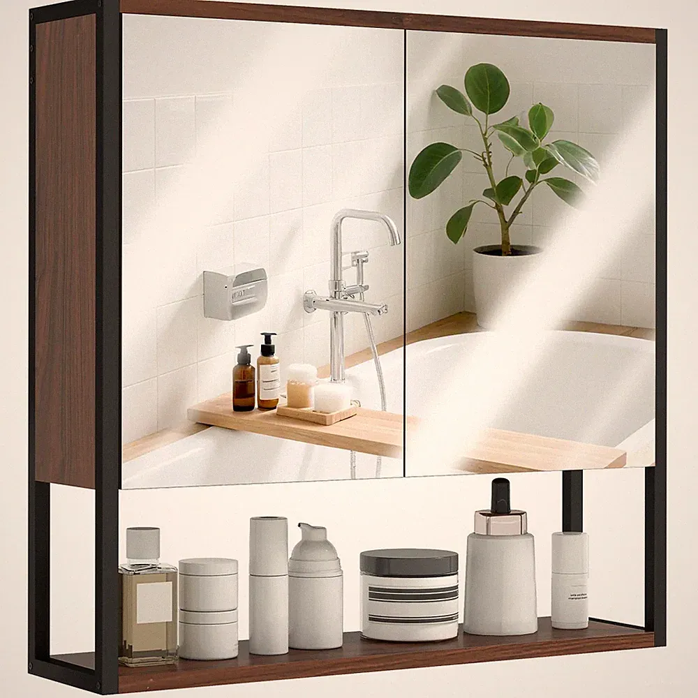 HOMCOM Industrial Badschrank mit 2 Spiegeltüren offenes Regal