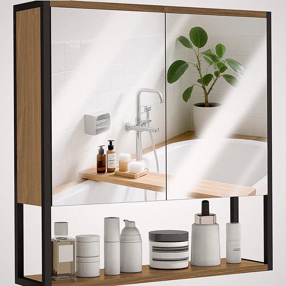 HOMCOM Industrial Badschrank mit 2 Spiegeltüren offenes Regal, natur