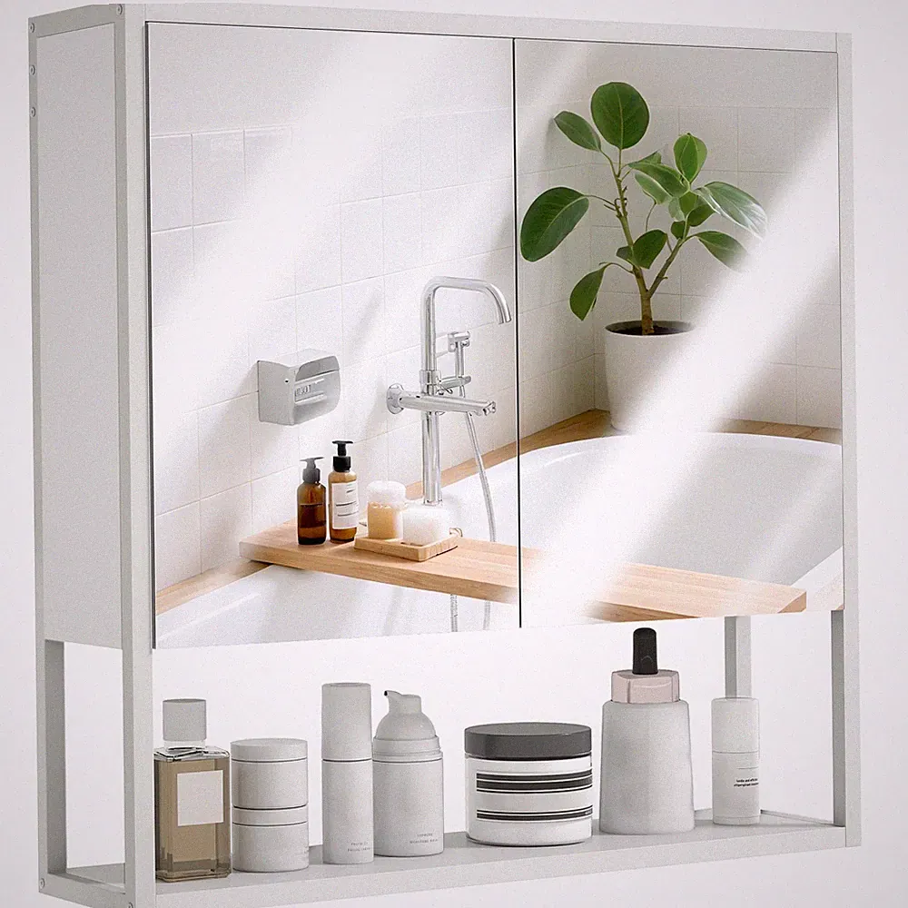 HOMCOM Industrial Badschrank mit 2 Spiegeltüren offenes Regal, weiß