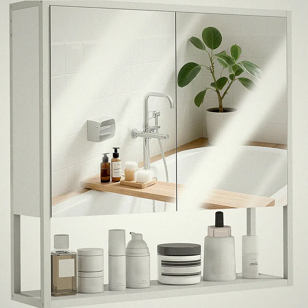 HOMCOM Industrial Badschrank mit 2 Spiegeltüren offenes Regal, weiß