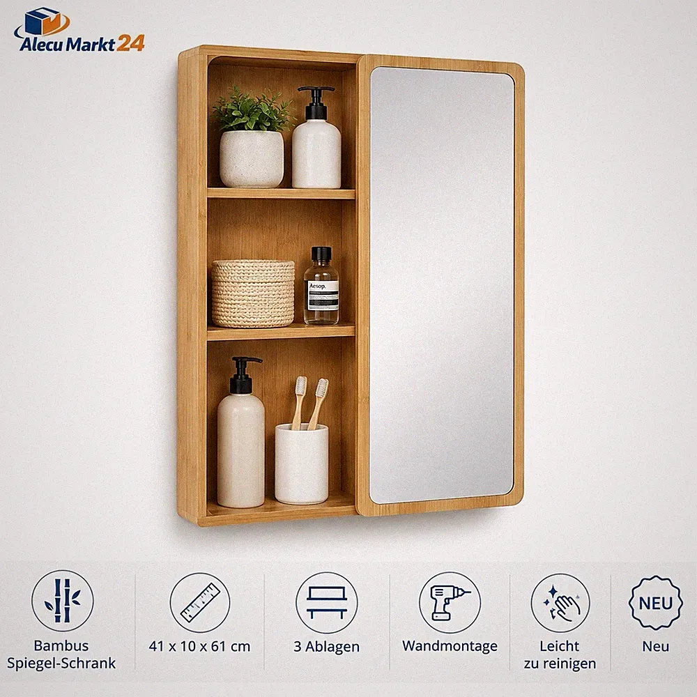 HOME CREATION Spiegelschrank Bambus 41x61 cm Badschrank Spiegel 3 Ablagen