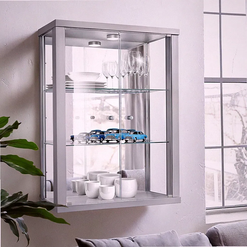 K-Möbel Glasvitrine mit Spiegel & LED (80x60x25cm) Schrank Regal ESG Wandvitrine