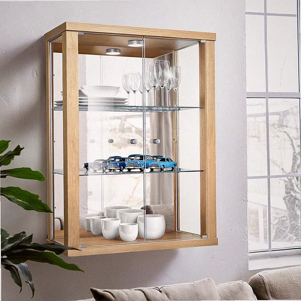 K-Möbel Glasvitrine mit Spiegel und LED in Buche (80x60x25 cm); Schrank Regal