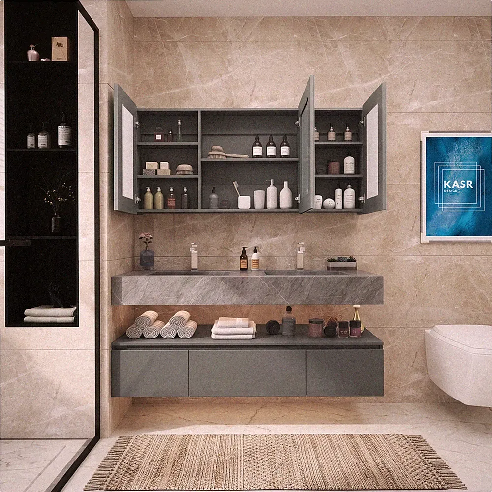 KASR Badmöbel Set VISIA 140 cm, Grau, ohne LED Spiegelschrank, Doppelwaschtisch