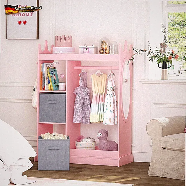 Kinderkleiderschrank mit Spiegel und Kleiderstange für Kinderzimmer - Stauraum