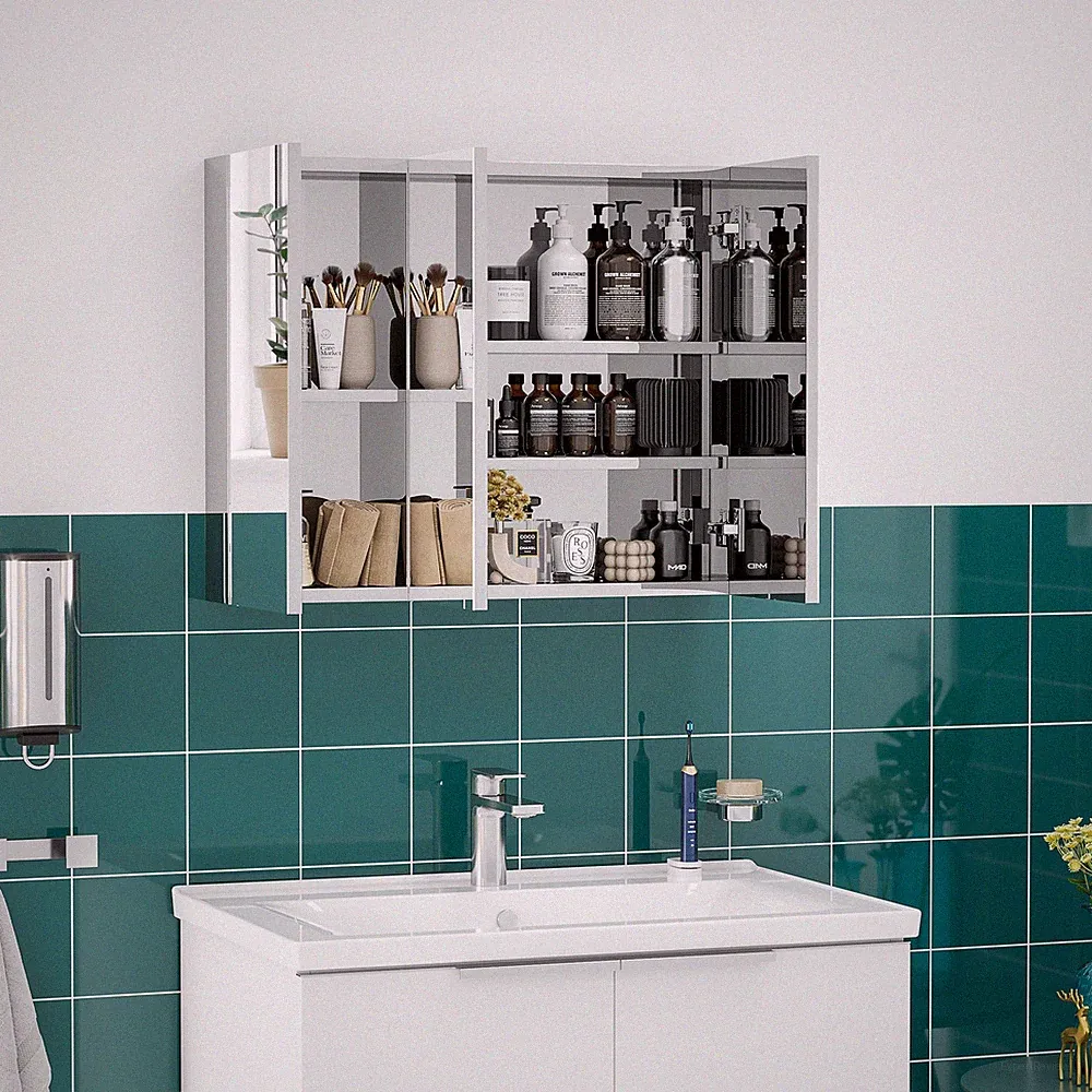 kleankin Spiegelschrank, Hängeschrank, Badezimmerschrank mit 3 Türen, Edelstahl