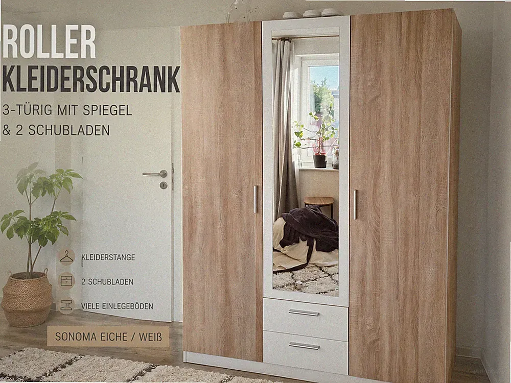 Kleiderschrank 3-türig mit Spiegel & 2 Schubladen – Sonoma Eiche | Viel Stauraum