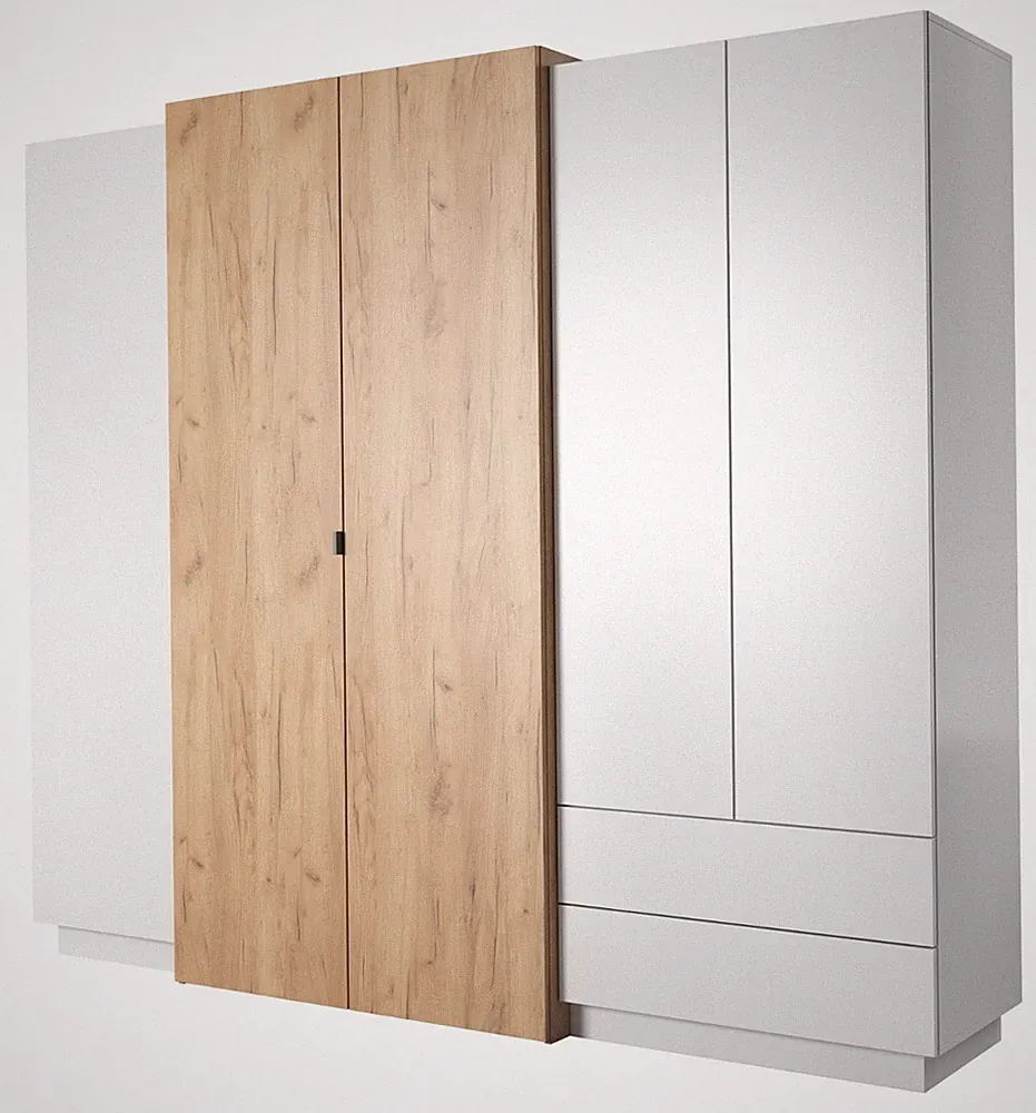 Kleiderschrank 3D Schrank 4 türiger mit Innen Spiegel Weiß/Craft Eiche