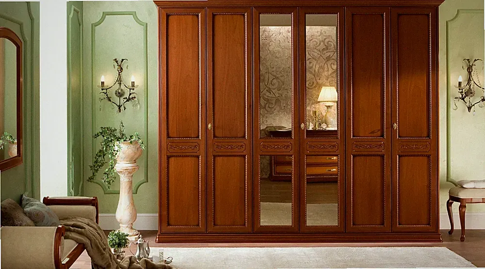 Kleiderschrank 6-türig mit Spiegel 291cm Nussbaum Holzfurnier Elegant Klassisch
