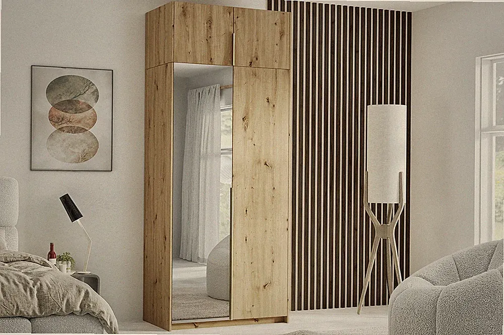 Kleiderschrank ALVA 100 cm mit Aufsatz & Spiegel, Artisan, Weiß, Kaschmir