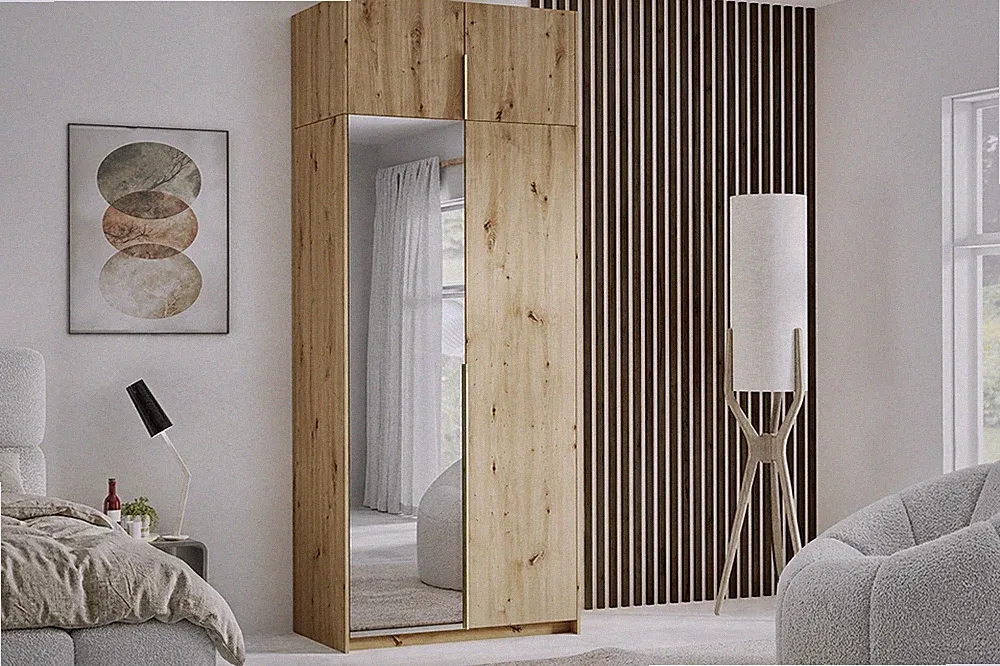 Kleiderschrank ALVA 100 cm mit Spiegel & Aufsatz – Artisan + Griff in Goldoptik