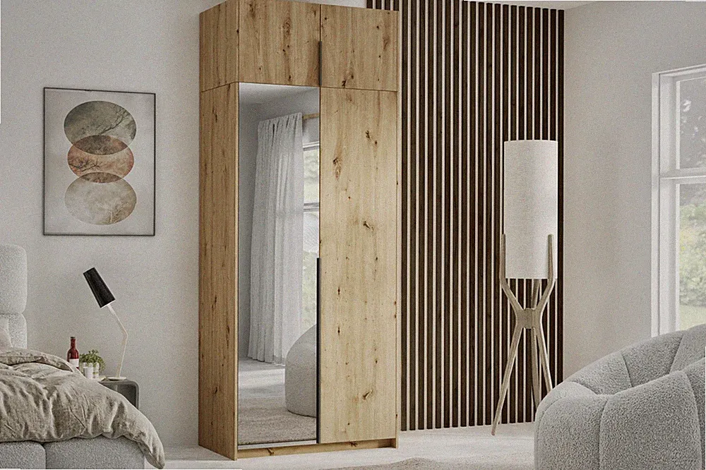 Kleiderschrank ALVA 100 cm mit Spiegel & Aufsatz – Artisan + Griff in Schwarz