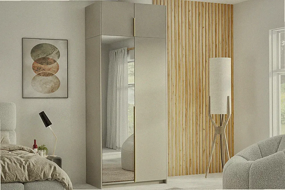 Kleiderschrank ALVA 100 cm mit Spiegel & Aufsatz – Cashmere + Griff in Goldoptik