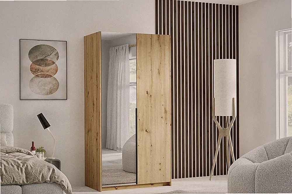 Kleiderschrank ALVA 100 cm mit Spiegel Drehtürenschrank Artisan, Weiß, Kaschmir