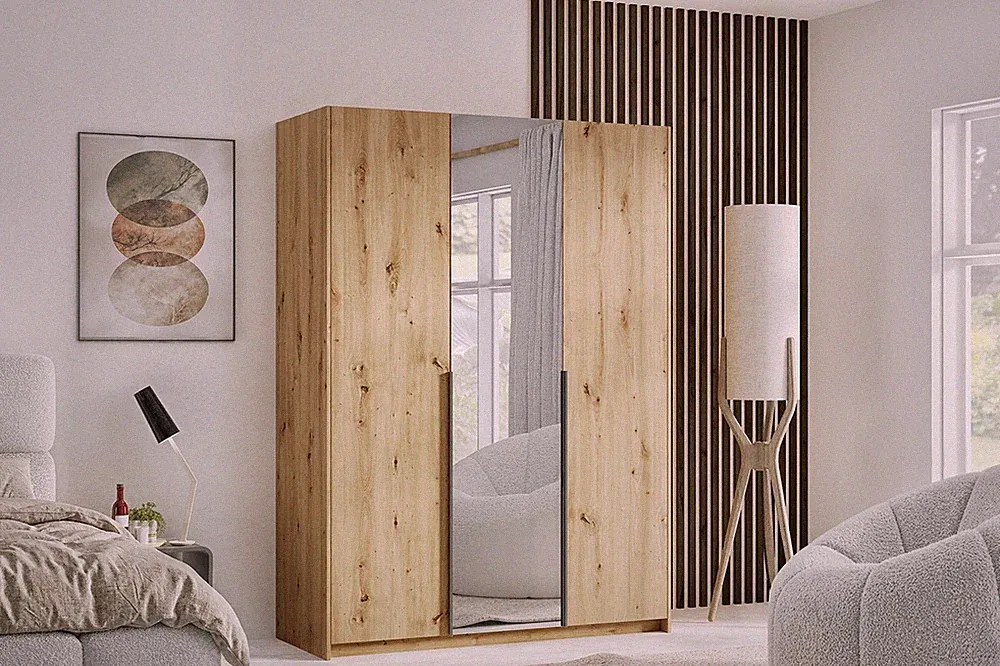 Kleiderschrank ALVA 148 cm mit Spiegel Drehtürenschrank Artisan, Weiß, Kaschmir