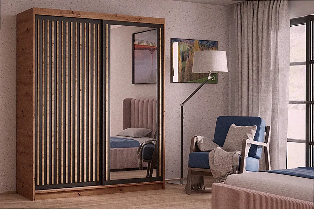 Kleiderschrank DARIO 100 cm Schwebetürenschrank mit Lamellen und Spiegel TMXHOME