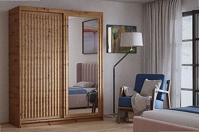 Kleiderschrank DARIO 120 cm Schwebetürenschrank mit Lamellen und Spiegel TMXHOME