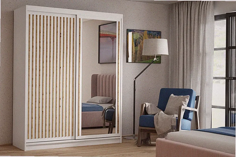 Kleiderschrank DARIO 160 cm Schwebetürenschrank mit Lamellen und Spiegel TMXHOME