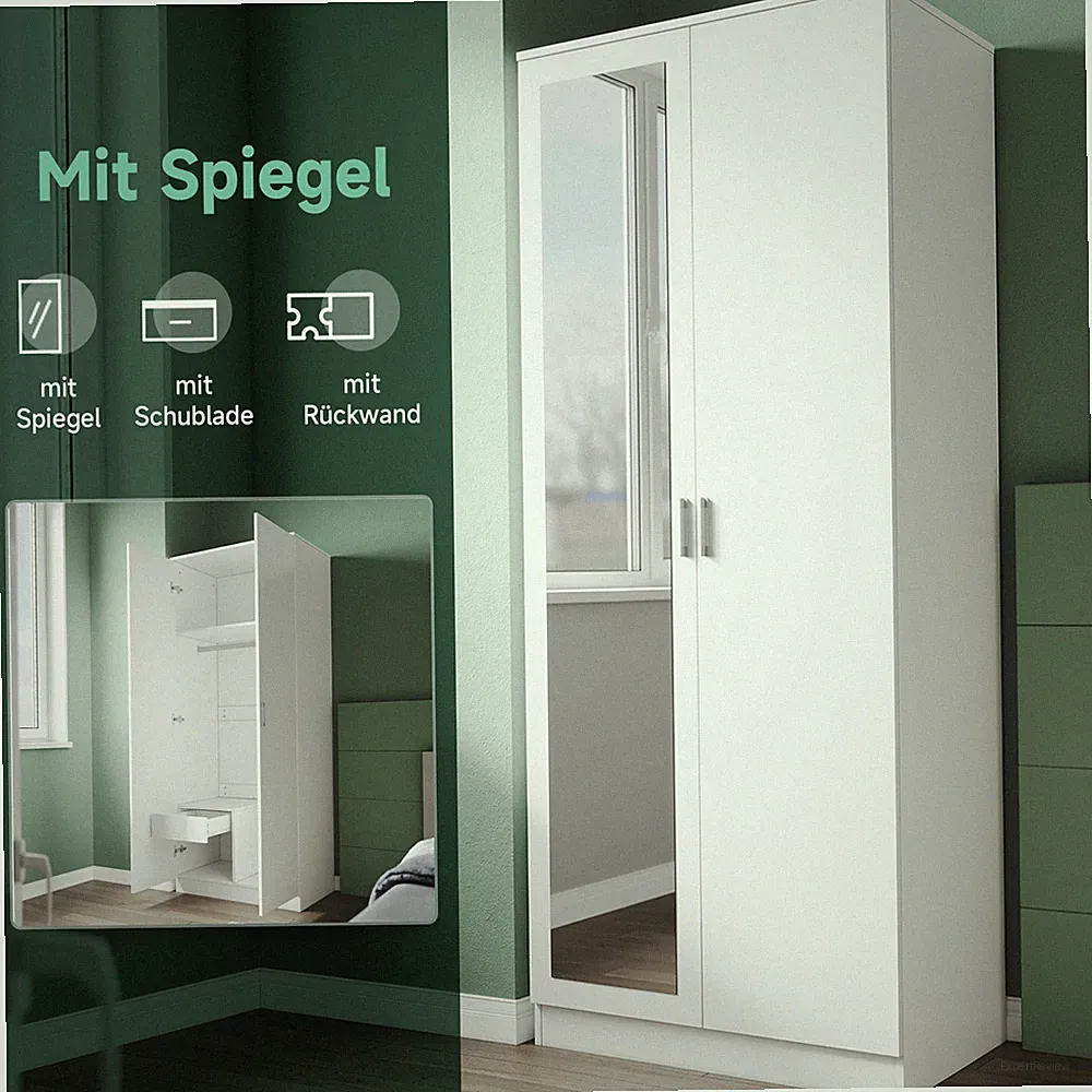 Kleiderschrank Garderobe mit Spiegel Schubladen Schlafzimmer Schrank Weiß 180cm