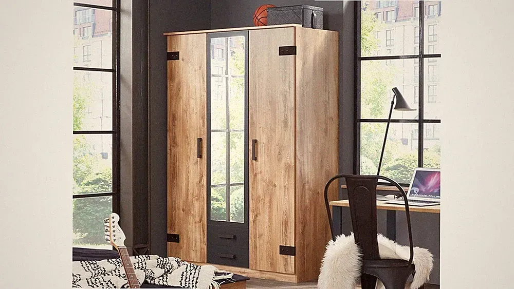 Kleiderschrank Liverpool Drehtürenschrank in Plankeneiche graphit Spiegel 135 cm
