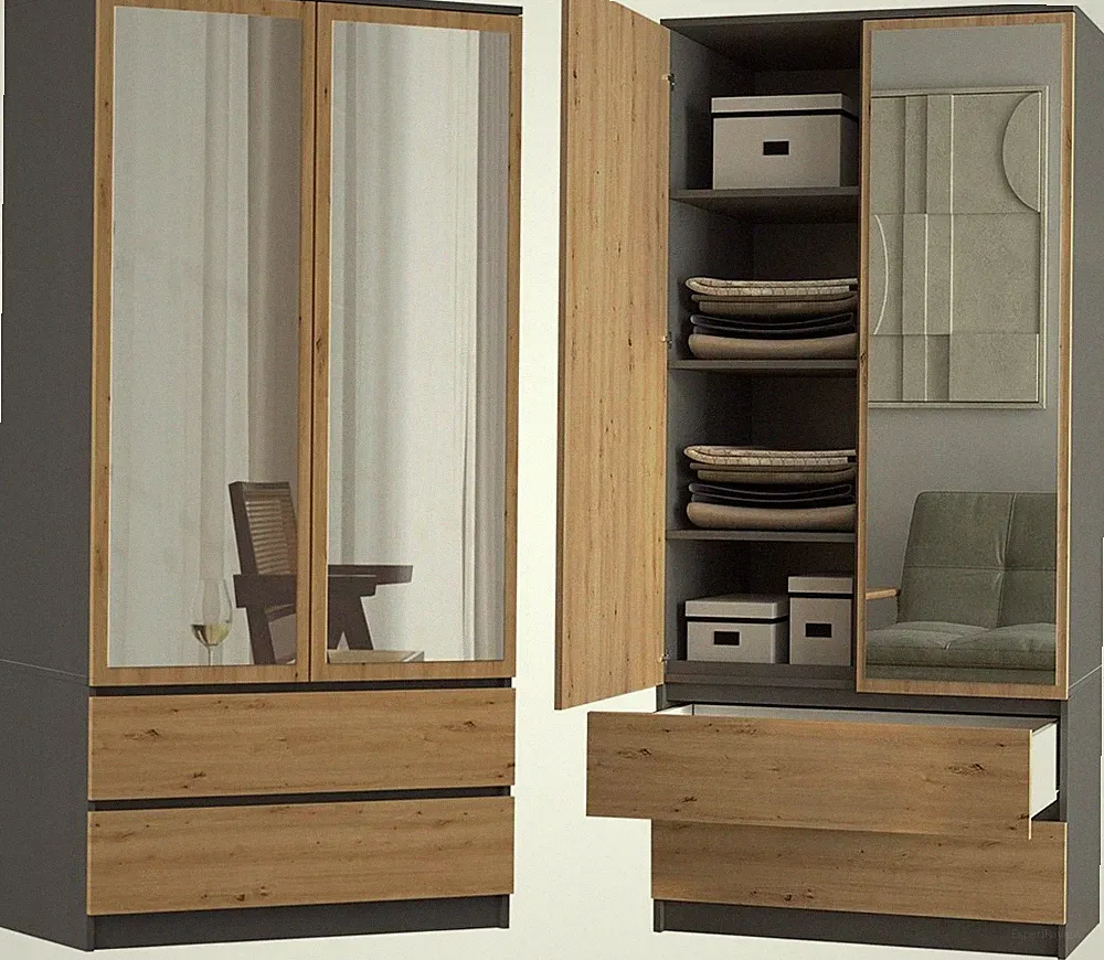 Kleiderschrank MALWA SS-90 Anthrazit Artisan mit Spiegel 2 Türen 2 Schubladen