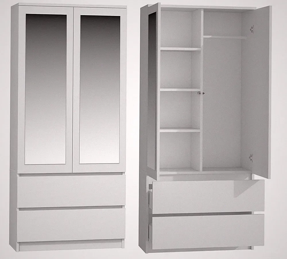 Kleiderschrank MALWA SS-90 Weiß mit Spiegel 2 Türen 2 Schubladen 90 cm