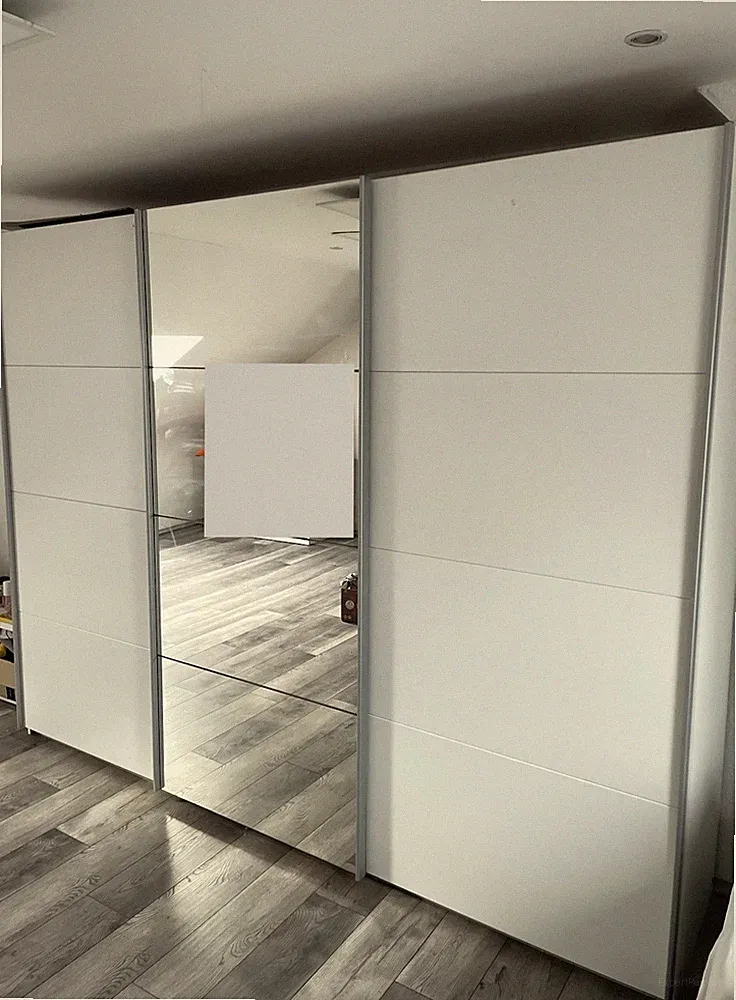 Kleiderschrank mit Schiebetüren, Spiegel, Schwebetüren, Schubladen, Matt, Weiß