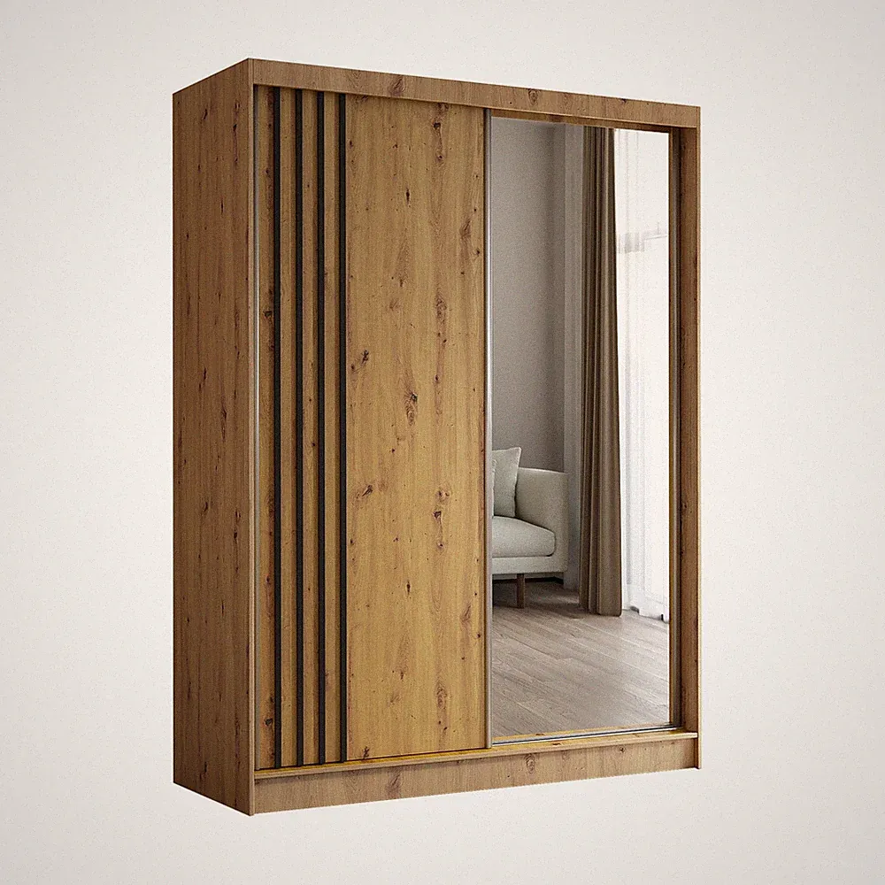Kleiderschrank Neli 160cm mit Lamellen Spiegel, Schiebetüren Schwebetürenschrank