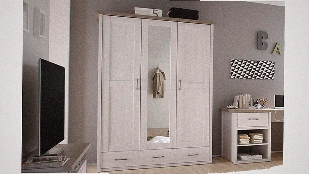 Kleiderschrank Schrank 3-türig Luca Jugendzimmer Pinie weiß Trüffel Spiegel