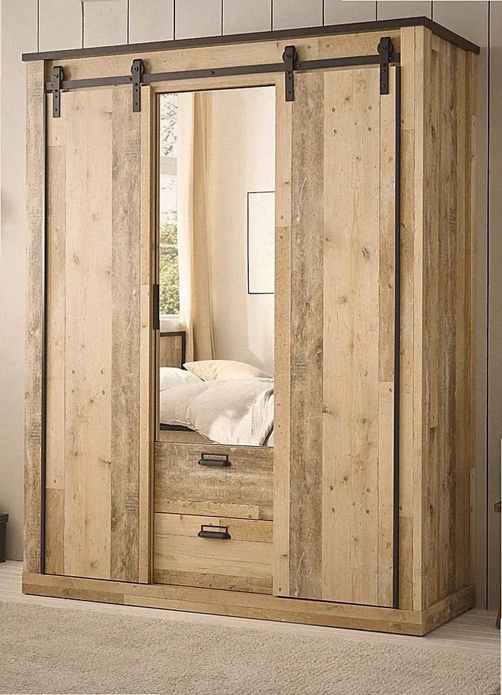Kleiderschrank Schrank in Used Wood hell und anthrazit Schiebetür Spiegel Stove