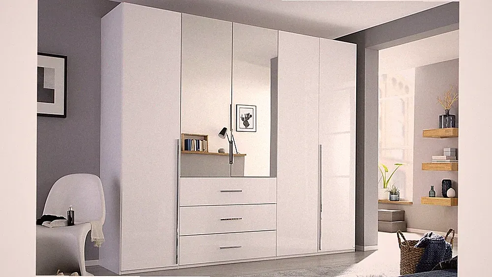 Kleiderschrank Schrank Montclar Drehtürenschrank Hochglanz weiß mit Spiegel 301