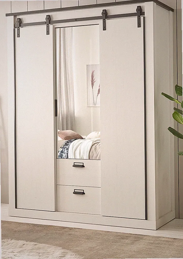 Kleiderschrank Schrank weiß Pinie Landhaus Schiebetür Spiegel Soft-Close Stove