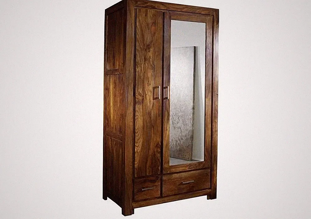 Kleiderschrank Spiegel Sheesham Natur Massivholz Schrank Holz Garderobe 100x200