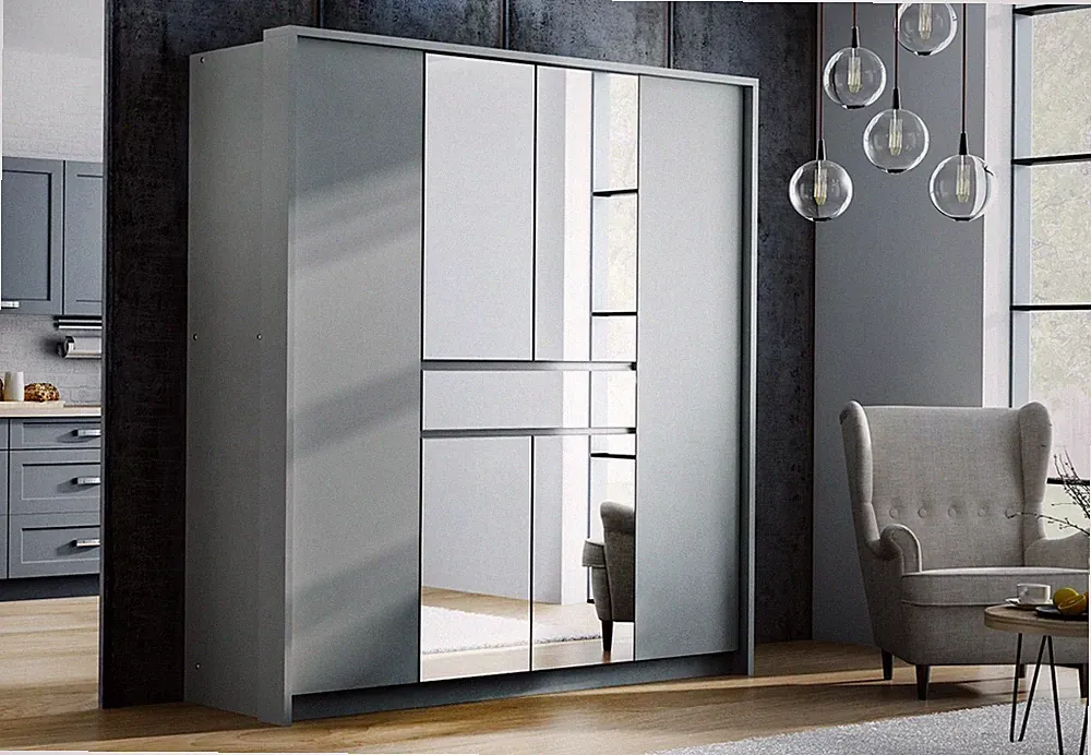 Kleiderschrank Split 200 cm Weiß/Graphit/Platinum mit Spiegel & Schublade
