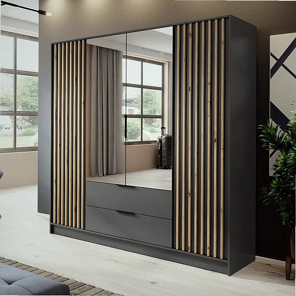 Kleiderschrank Stilo 4 Türen 2 Schubladen Spiegel Lamellen Modern Loft