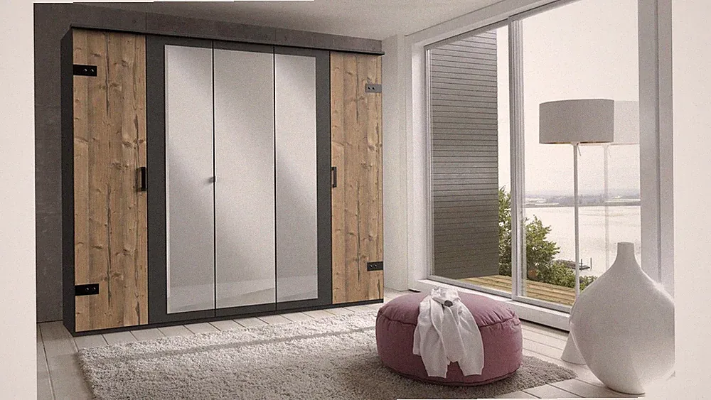 Kleiderschrank Stockholm Drehtürenschrank silver fir graphit mit Spiegel 225 cm