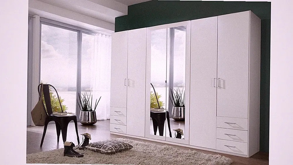 Kleiderschrank weiß mit Spiegel Fügen Dekor Schrank Drehtürenschrank 270 cm