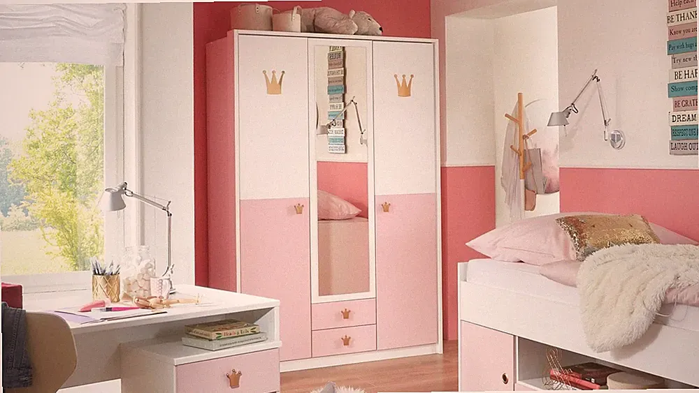 Kleiderschrank weiß Spiegel Cindy 2 rosé Drehtürenschrank Jugendzimmer 139 cm
