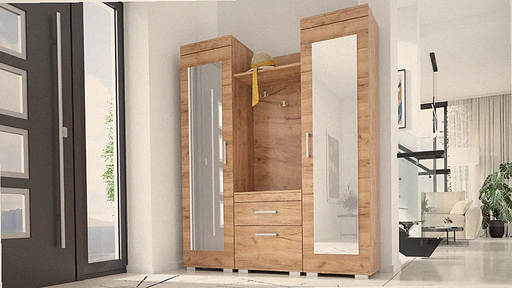 Kompaktgarderobe LUX-XL, Spiegel, Schuhschrank, Kleiderhaken, komplett aufgebaut