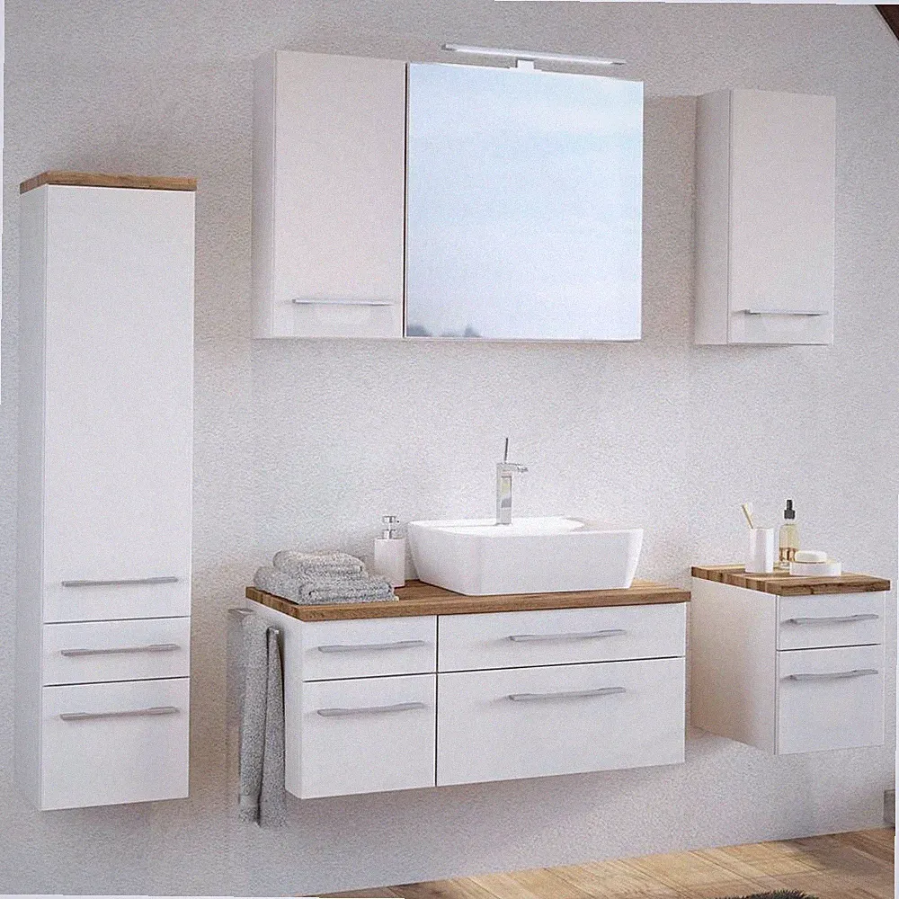 Komplett Badezimmer Badmöbel weiß Keramik Waschtisch Spiegelschrank Waschbecken