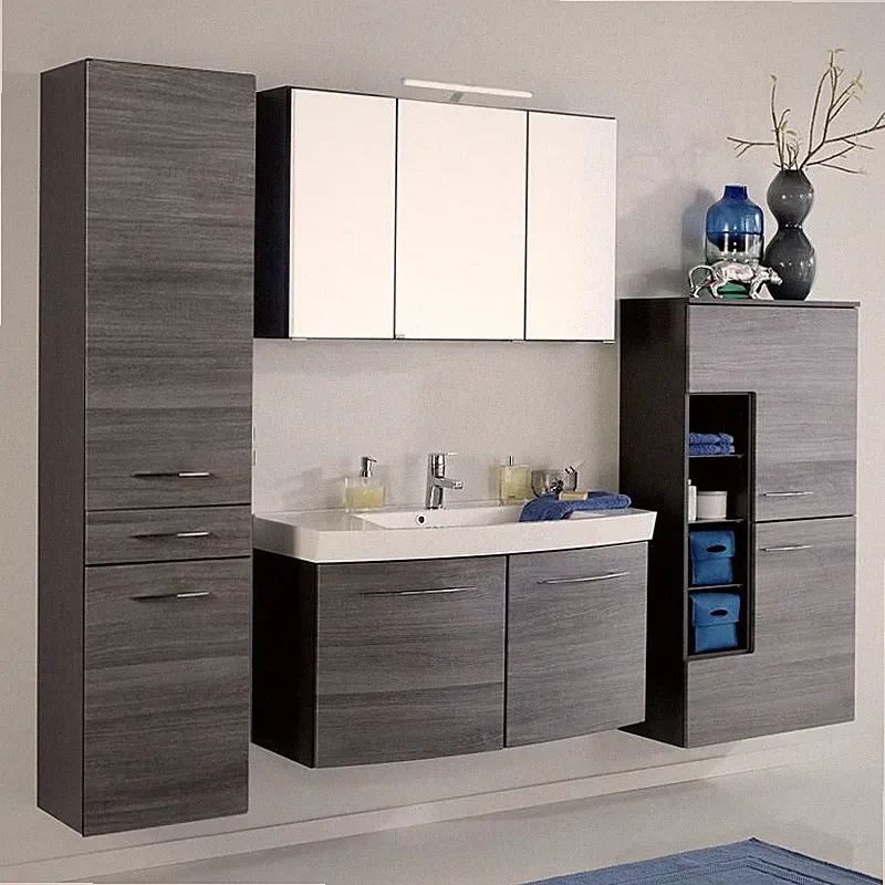 Komplett Badezimmer Set Eiche grau 100cm Waschtisch LED Spiegelschrank Badmöbel