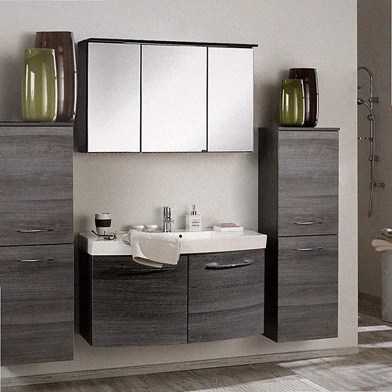 Komplett Badezimmer Set Eiche grau 100cm Waschtisch LED Spiegelschrank Badmöbel
