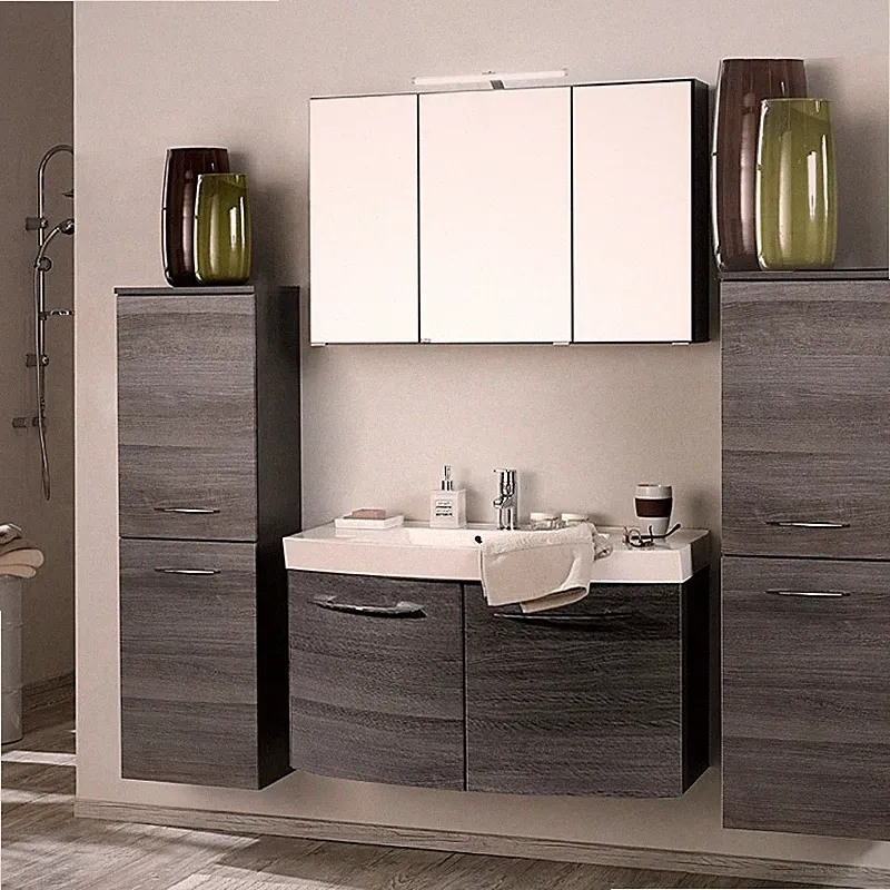 Komplett Badezimmer Set Eiche grau 100cm Waschtisch LED Spiegelschrank Badmöbel