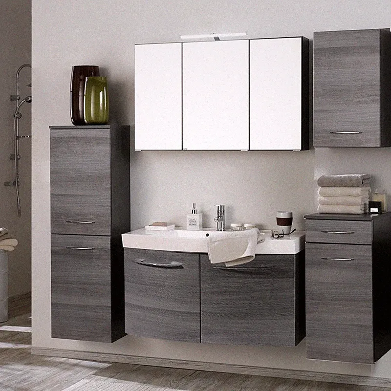 Komplett Badezimmer Set Eiche grau 100cm Waschtisch LED Spiegelschrank Badmöbel