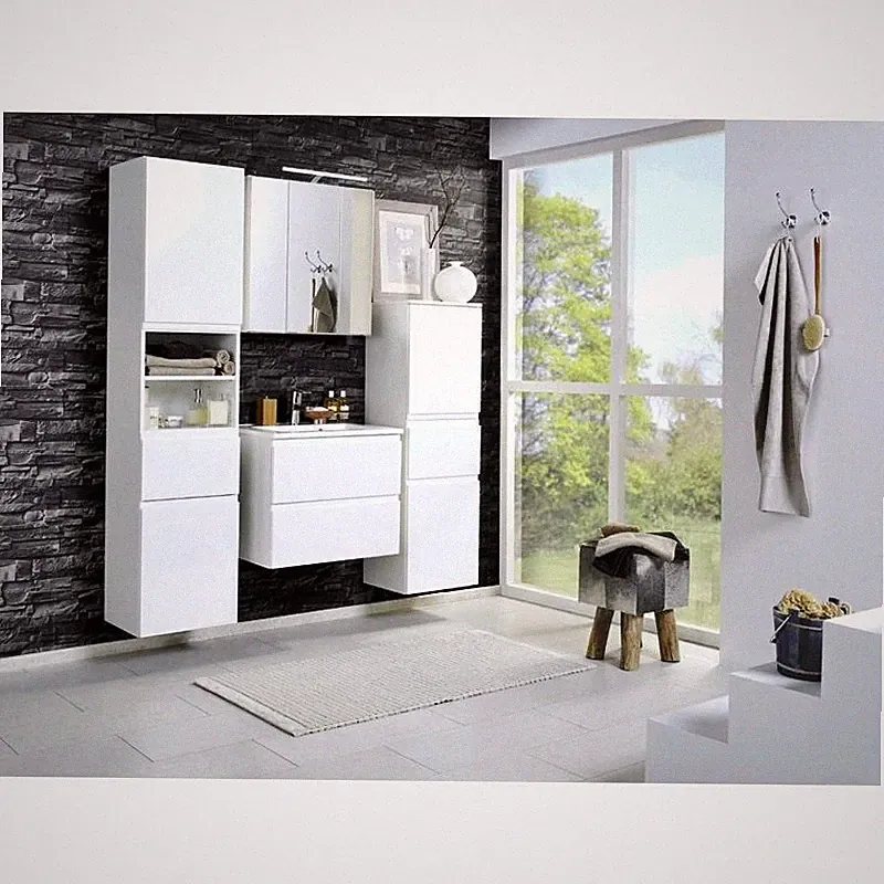 Komplett Badezimmer Set Hochglanz 60cm Waschtisch & LED Spiegelschrank Badmöbel