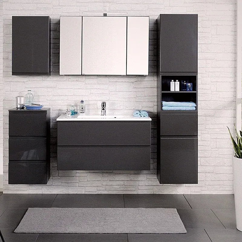 Komplett Badezimmermöbel Hochglanz 100cm Waschtisch LED Spiegelschrank Badmöbel