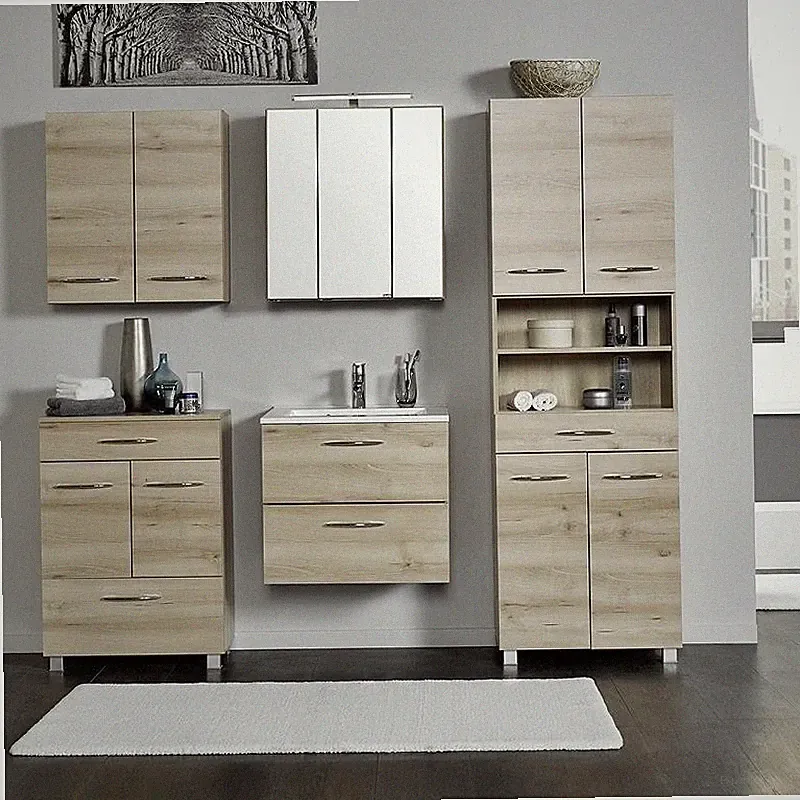 Komplett Badezimmermöbel Set Buche 60cm Waschtisch & LED Spiegelschrank Badmöbel