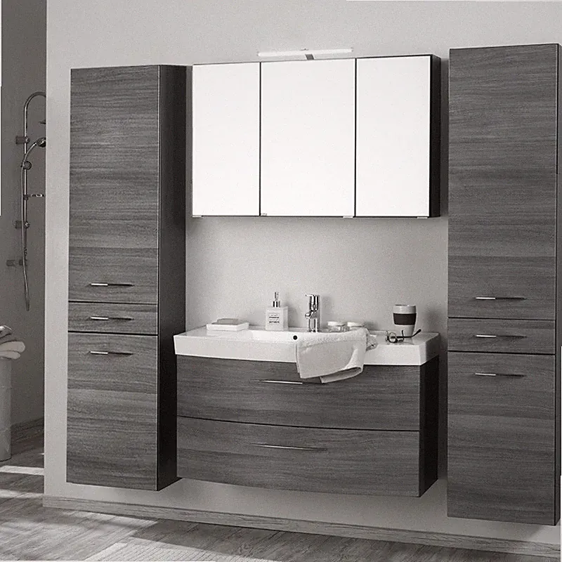 Komplett Badezimmermöbel Set Eiche 100cm Waschtisch LED Spiegelschrank Badmöbel