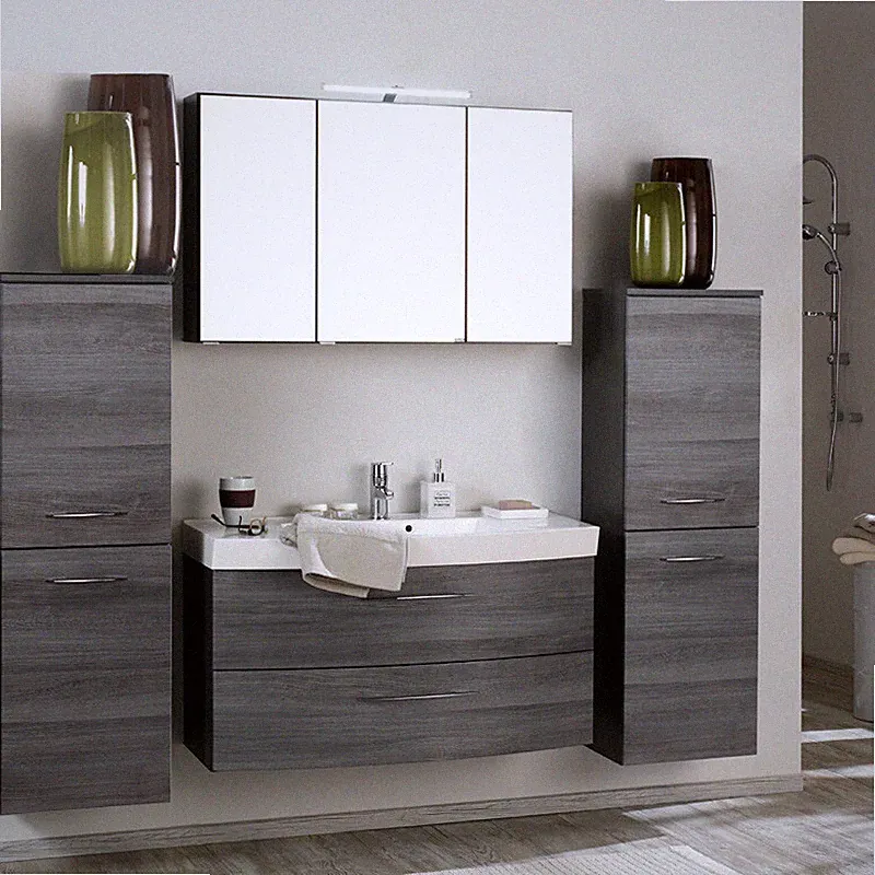 Komplett Badezimmermöbel Set Eiche 100cm Waschtisch LED Spiegelschrank Badmöbel